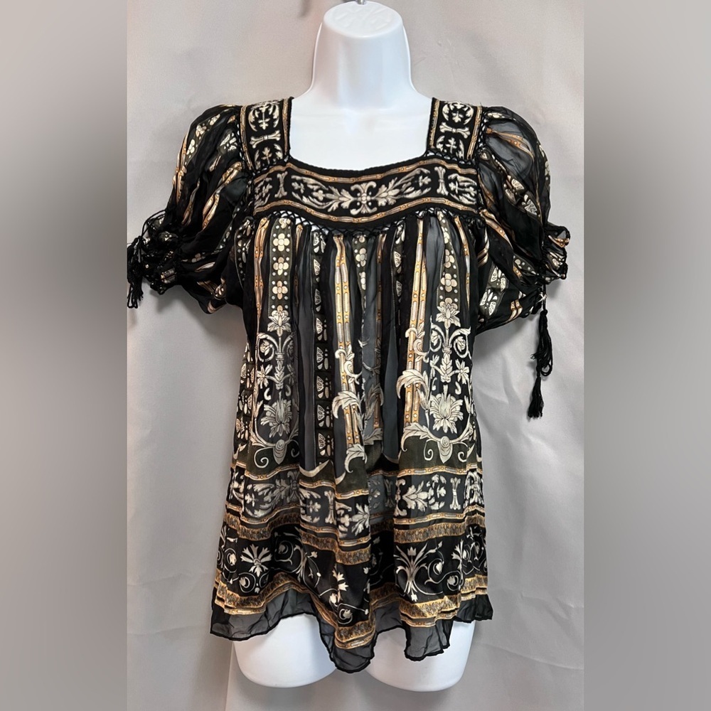 eci Floral Pattern Bridgerton Style Satin Effect Black‎ Top Blouse, Petite Sz 4P